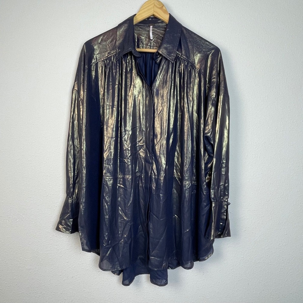 Free People Metallic Sheen Button Down Shirt Blouse Navy Gold XS‎ Oversized